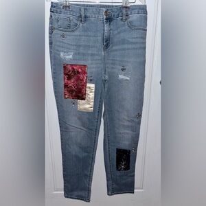 Chico's Light Blue Jeans with Burgundy and Black Patches